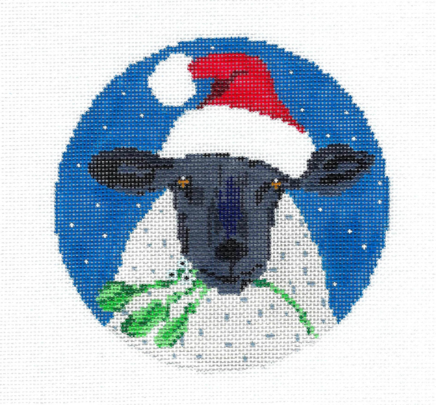 Christmas ~ Sheep in a Santa Hat  5" Round Ornament handpainted 18 Mesh Needlepoint Canvas by Scott Church