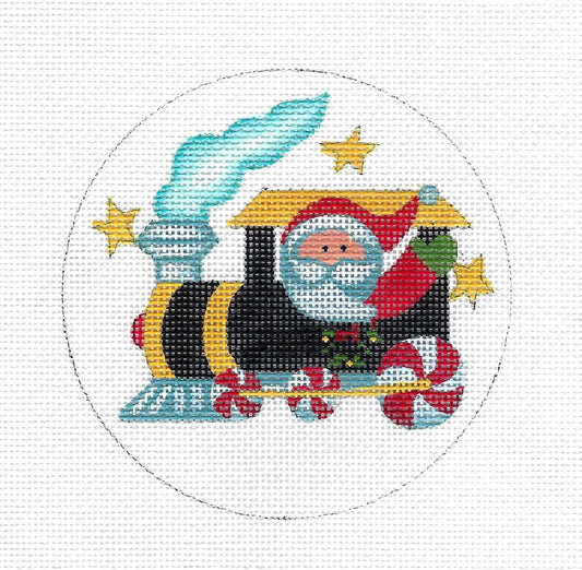 Christmas ~ Santa on His Train 4.25" Ornament handpainted Needlepoint Canvas by Ashley Dillon from  Susan Roberts