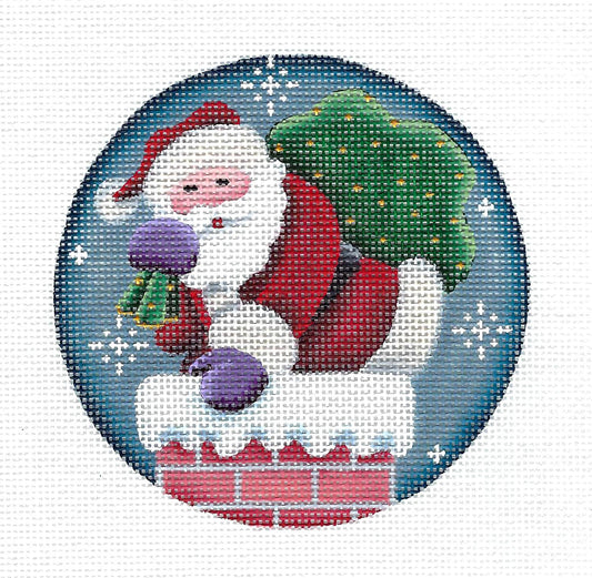 4" Round ~ Santa Down the Chimney 18 Mesh Ornament handpainted Needlepoint Canvas by Rebecca Wood
