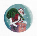 4" Round ~ Santa Down the Chimney 18 Mesh Ornament handpainted Needlepoint Canvas by Rebecca Wood