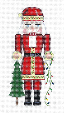 Santa ~ Nutcracker Santa with Christmas Tree & String of Lights Ornament handpainted Needlepoint Canvas by Susan Roberts