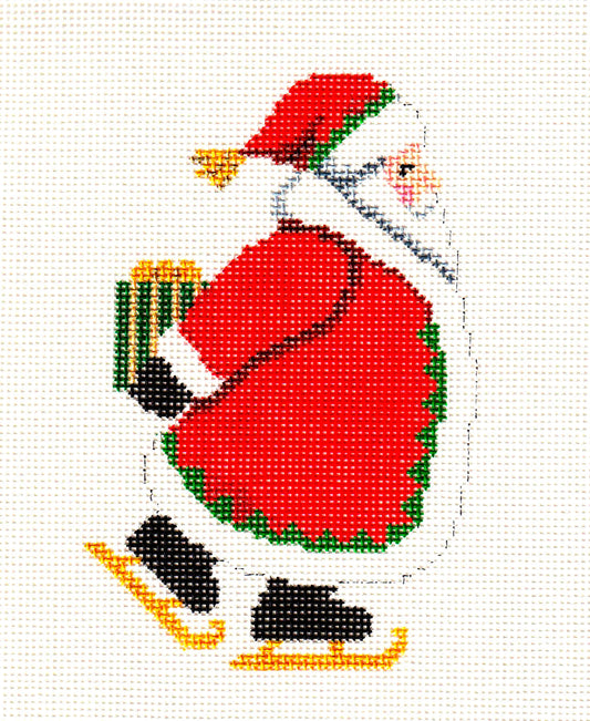 Christmas ~ Santa on Ice Skates Delivering a Gift handpainted 18 Mesh Needlepoint Canvas by Susan Roberts