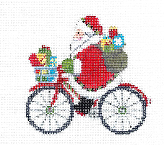 Christmas ~ Santa with Gifts Riding His Bicycle handpainted 18 Mesh Needlepoint Canvas by Susan Roberts