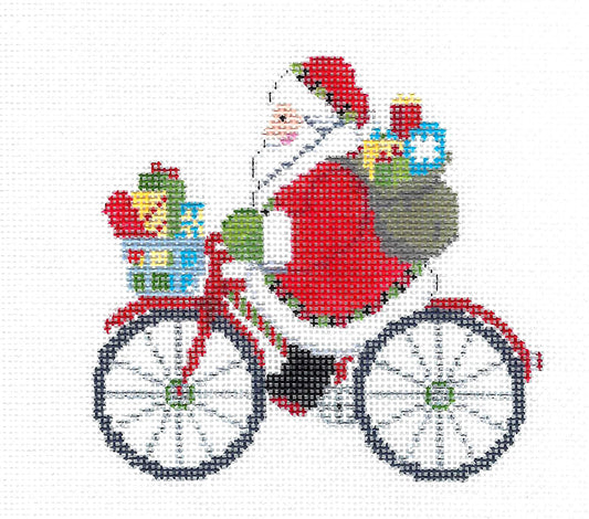 Christmas ~ Santa Claus Delivering Gifts Riding His Bicycle handpainted 18 Mesh Needlepoint Canvas by Susan Roberts