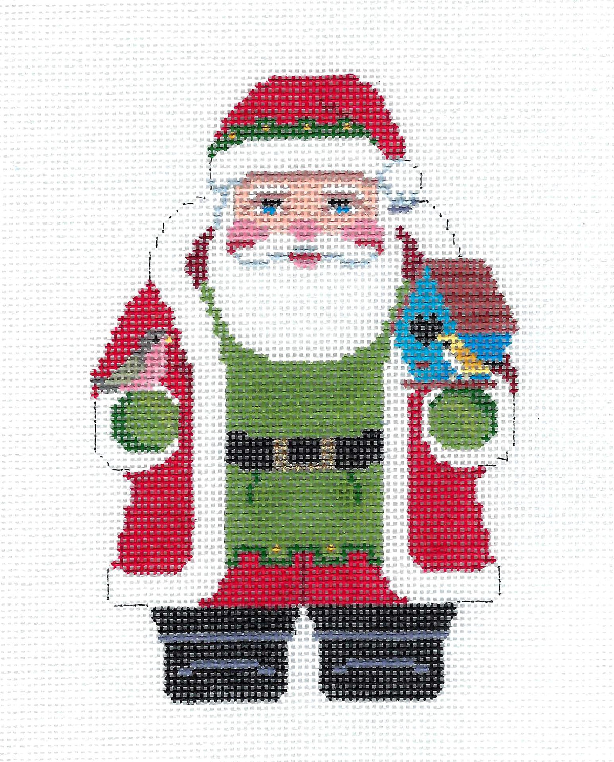 Santa ~ Santa Claus with his BIRD FRIENDS handpainted 18 Mesh Needlepoint Canvas Ornament by Susan Roberts