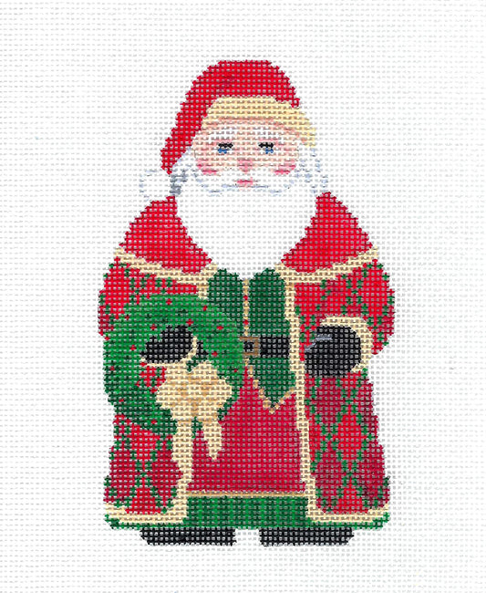 Christmas ~ Santa Claus holding a Wreath handpainted 18 Mesh Needlepoint Ornament by Susan Roberts