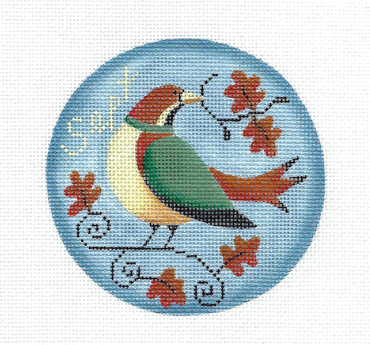 BIRD of the MONTH ~ SEPTEMBER ~ Bird & Oak Leaves 4" Rd. handpainted 18 Mesh Needlepoint Canvas by Rebecca Wood