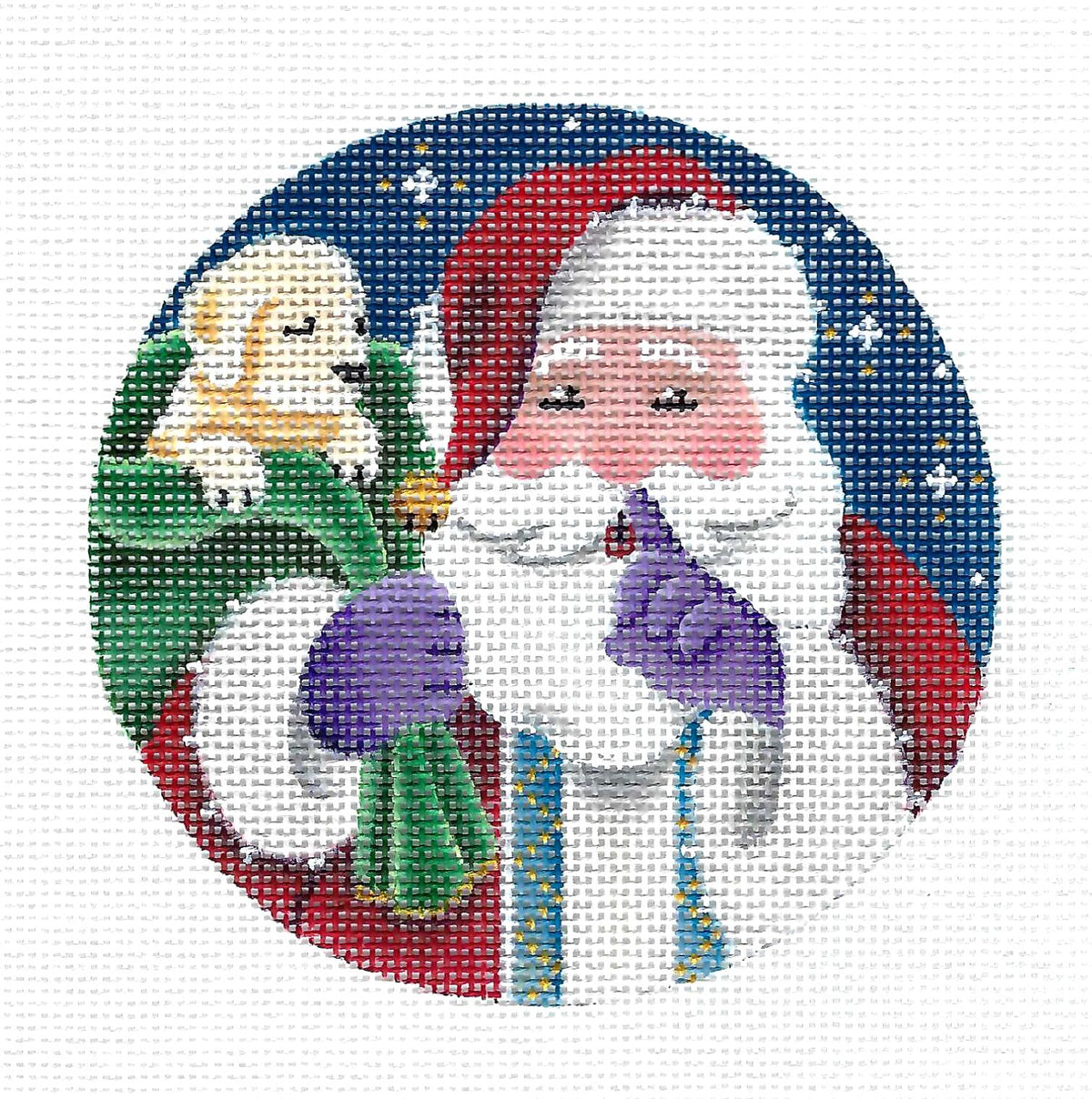 SHHH ~ Santa Surprise with Puppy 4" Handpainted 18 Mesh Needlepoint Canvas by Rebecca Wood