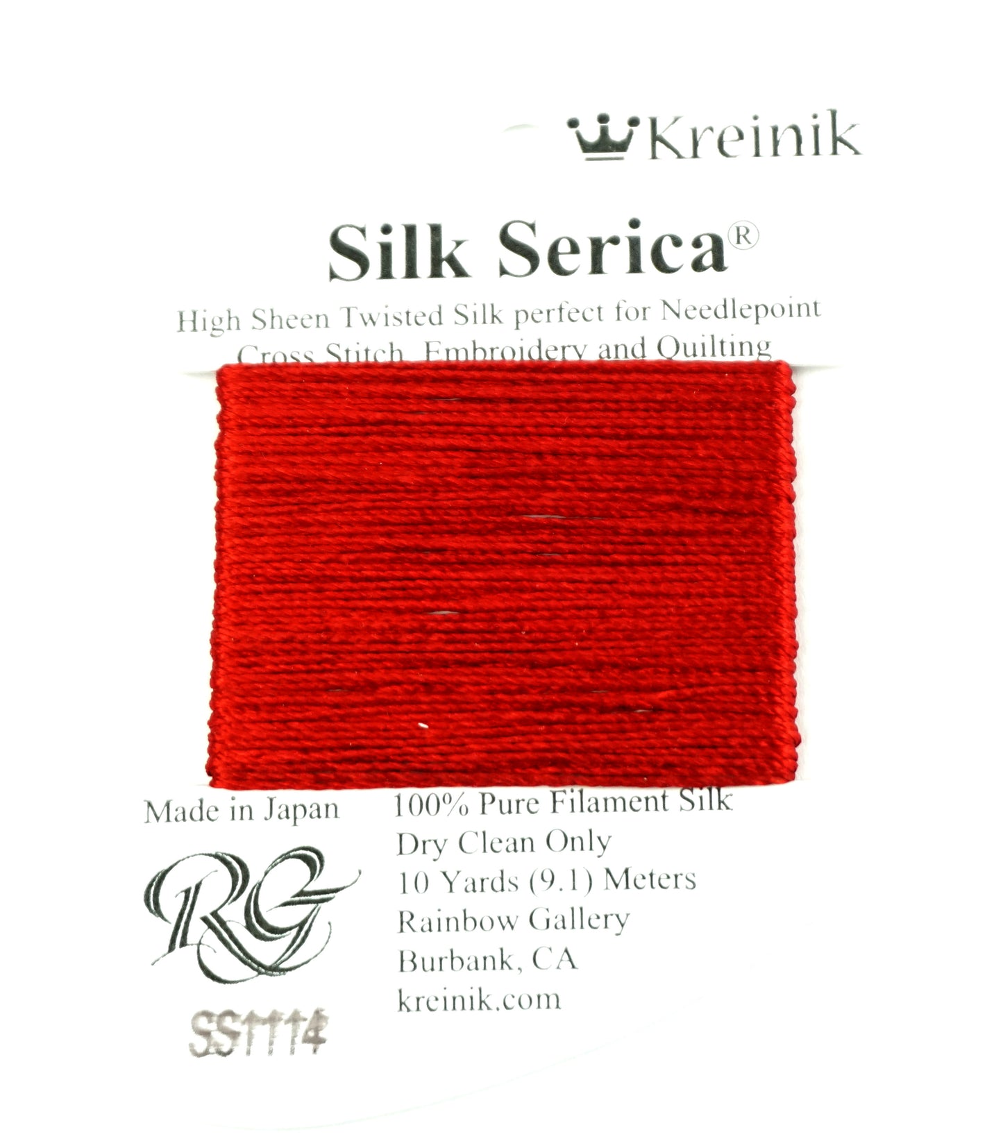SILK SERICA #1114 Christmas Red 10 Yard Card 3 Ply Fiber for Needlepoint by Kreinik