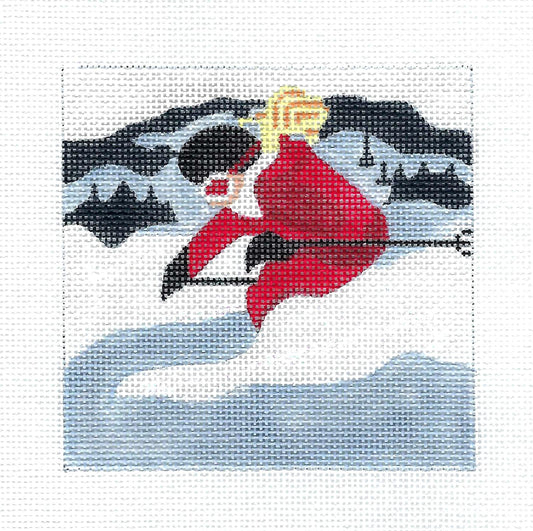 Sports ~ Skiing the Winter Ski Slopes 4" Square handpainted Needlepoint Canvas Ornament by Melissa Prince