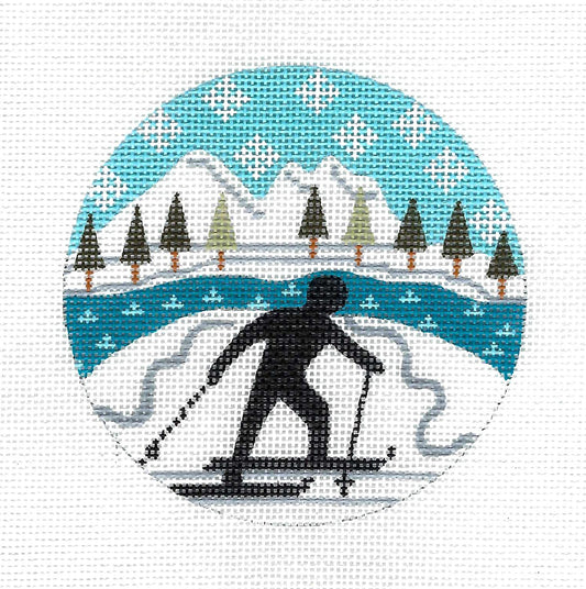 Dramatic Sports ~ SKIING ~  4" Round  Handpainted Needlepoint Canvas Ornament by CH Designs from Danji         Danji Designs