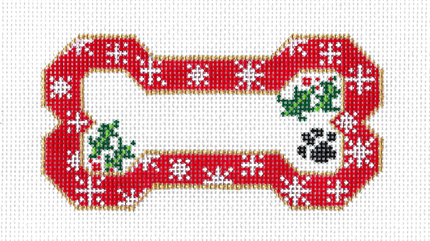 Dog Bone ~ Snowflakes & Holly Red Dog Bone with Paw Print 13 Mesh handpainted Needlepoint Canvas Ornament by BP Designs Danji