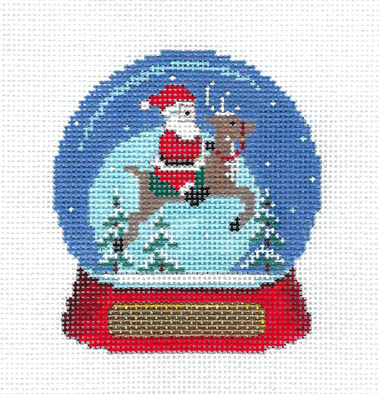 Snow Globe Christmas ~ SANTA Riding a Reindeer SNOW GLOBE handpainted Needlepoint Canvas Ornament by Susan Roberts