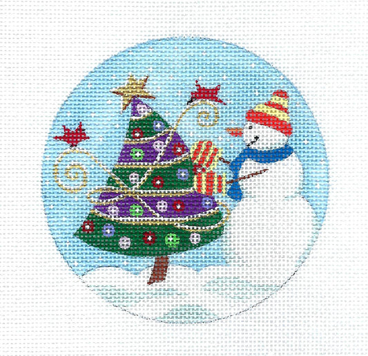 Snowman with Christmas Tree 4" Round  handpainted Needlepoint Ornament Canvas by PLD Designs JulieMar