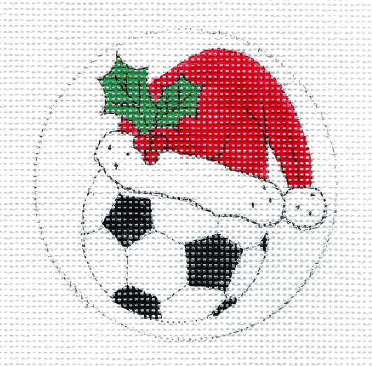 Sports ~ Soccer Ball Wearing a Santa Hat Sports 13 Mesh 4" Round Ornament HP needlepoint canvas by by Alice Peterson