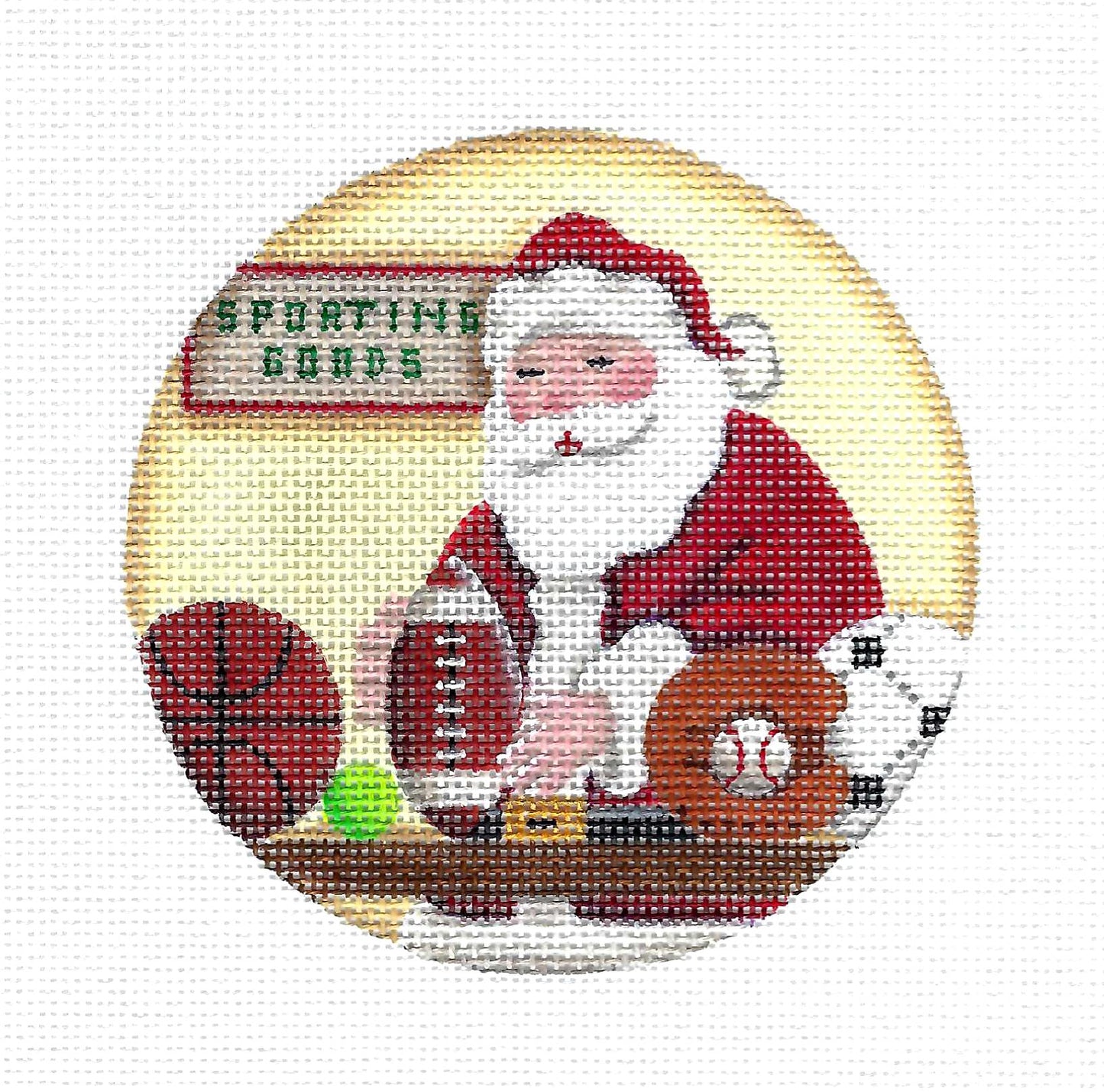 Sporting Goods Santa ~ Checking the Equipment handpainted Needlepoint 4" 18 Mesh Canvas by Rebecca Wood