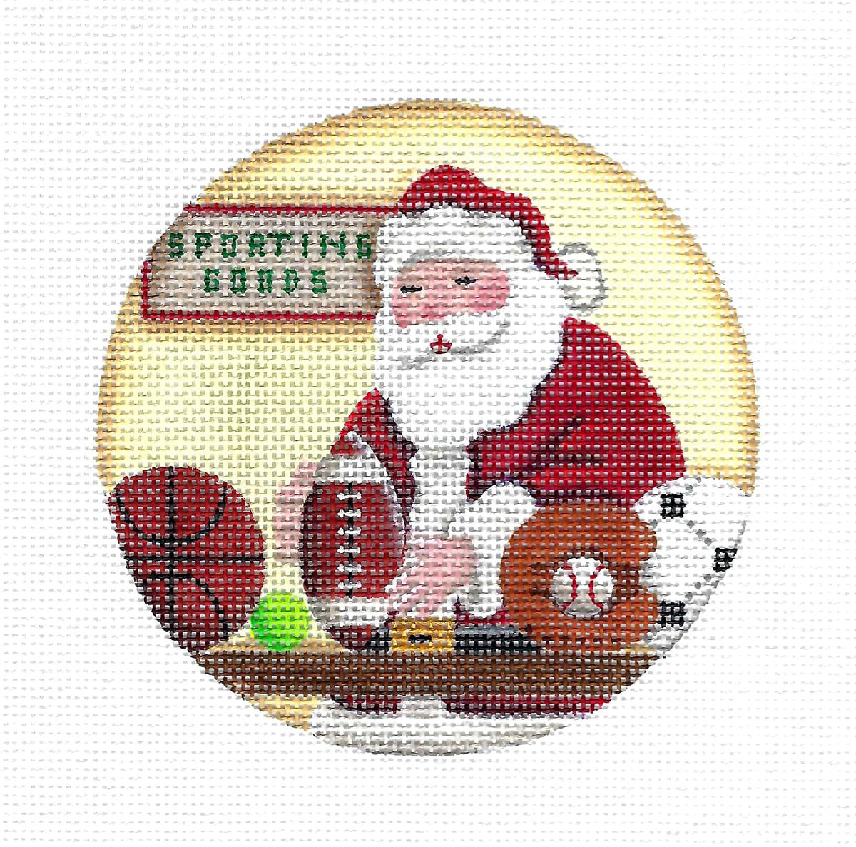 Sporting Goods Santa ~ Checking the Equipment handpainted Needlepoint 4" 18 Mesh Canvas by Rebecca Wood