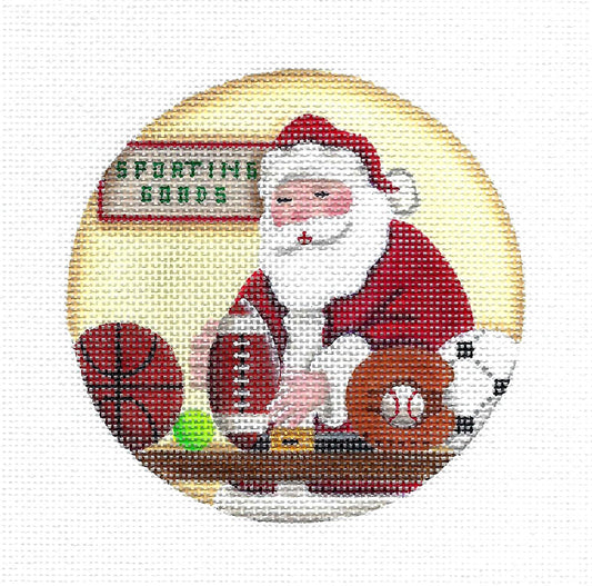 Sporting Goods Santa ~ Checking the Equipment handpainted Needlepoint 4" 18 Mesh Canvas by Rebecca Wood