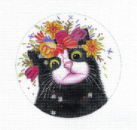 Cat ~ Spring Black Cat with Flowers handpainted 18 mesh Needlepoint Canvas by Vicky Mount from PLD