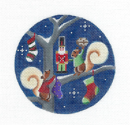 Round ~ 2 Squirrel's Christmas Celebration handpainted 4" Rd. Needlepoint Ornament Canvas by Rebecca Wood