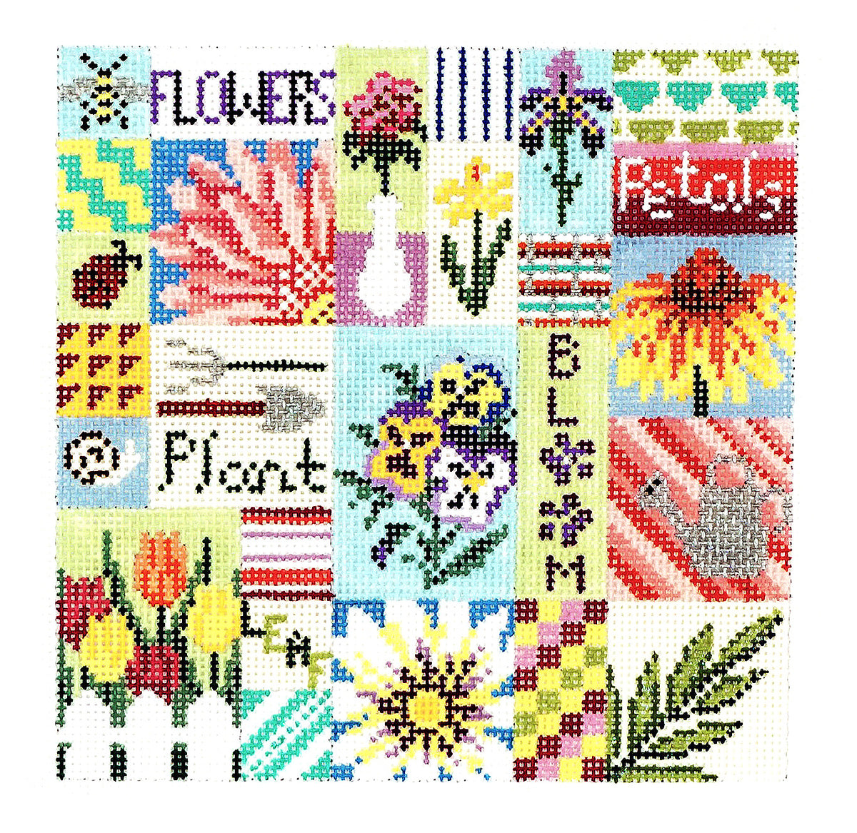 Summer Flowers Quilt  7.25" Square handpainted 13 mesh Needlepoint Canvas by Needle Crossings