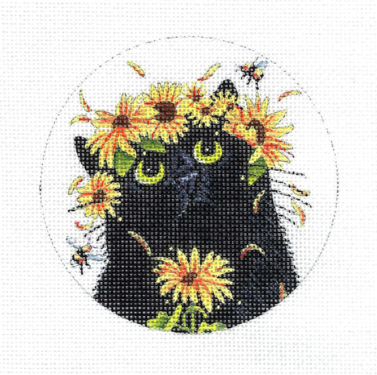 Cat ~ Summer Cat with Sunflowers handpainted 18 mesh Needlepoint Handpainted Canvas by Vicky Mount from PLD