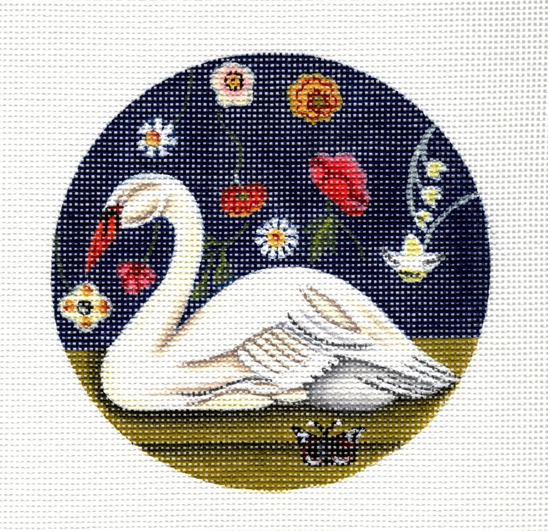 SWAN In Flowers 4.5" 18 mesh handpainted Needlepoint Ornament Canvas by Catherine Nolan from PLD