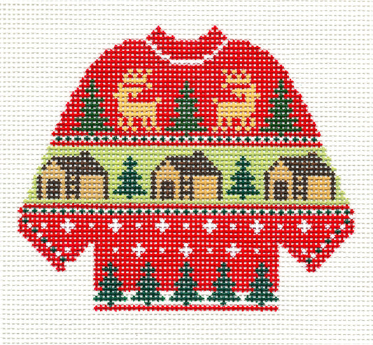 Sweater ~ CABINS, WOODS & REINDEER KNITTED SWEATER handpainted Needlepoint Canvas Ornament by Silver Needle