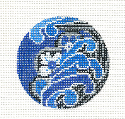 3" Round ~ Blue, White, Silver and Black Collage handpainted 3" Rd. Needlepoint Ornament by Mindy