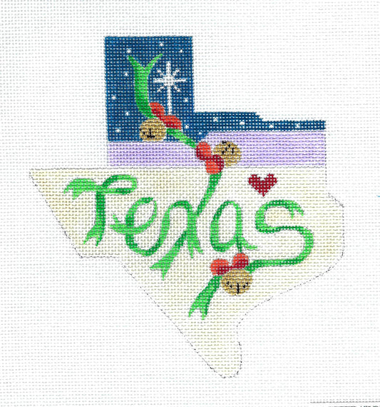 State of TEXAS Christmas Ribbons and Bells handpainted Needlepoint Ornament Canvas by Bettieray