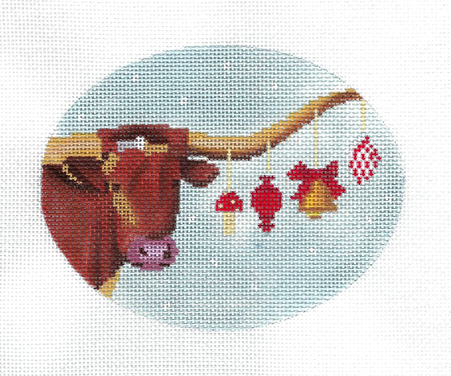 Christmas Oval ~ TEXAS Longhorn Decorated for Christmas handpainted 18 Mesh Oval Needlepoint Canvas by Scott Church