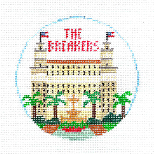 Travel Round ~ THE BREAKERS in PALM BEACH, FLORIDA Resort 4" Rd. Ornament 18 mesh handpainted Needlepoint Canvas Kathy Schenkel