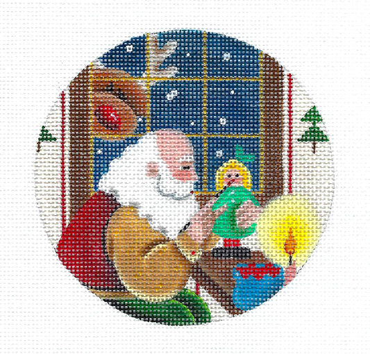 Christmas Round ~ Santa in His Toy Shop Ornament handpainted Needlepoint Canvas by Rebecca Wood