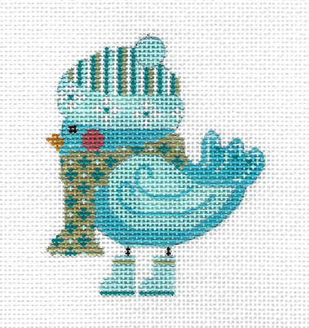 Bird Canvas ~ Turquoise Bird in Scarf & Hat & STITCH GUIDE handpainted Needlepoint Canvas by CH Designs from Danji