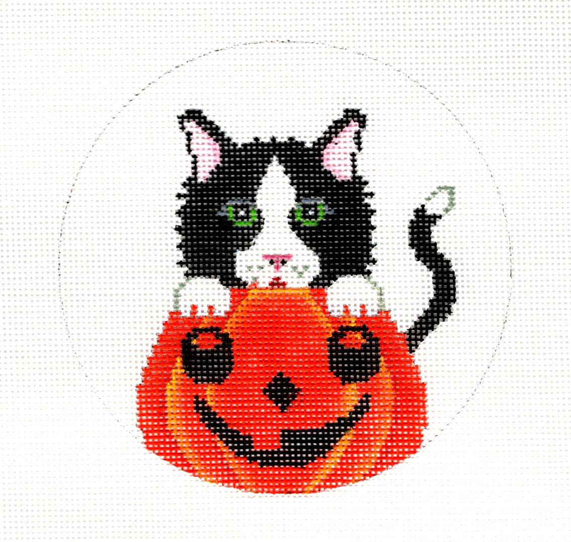 Adorable TUXEDO CAT In a Pumpkin handpainted 18 Mesh Needlepoint Ornament Canvas by JP Needlepoint