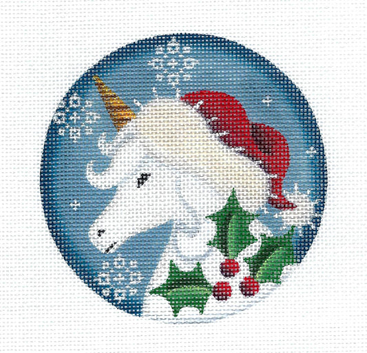 Round ~  CHRISTMAS UNICORN Ornament handpainted 18 Mesh Needlepoint Canvas 4" Round  by Rebecca Wood