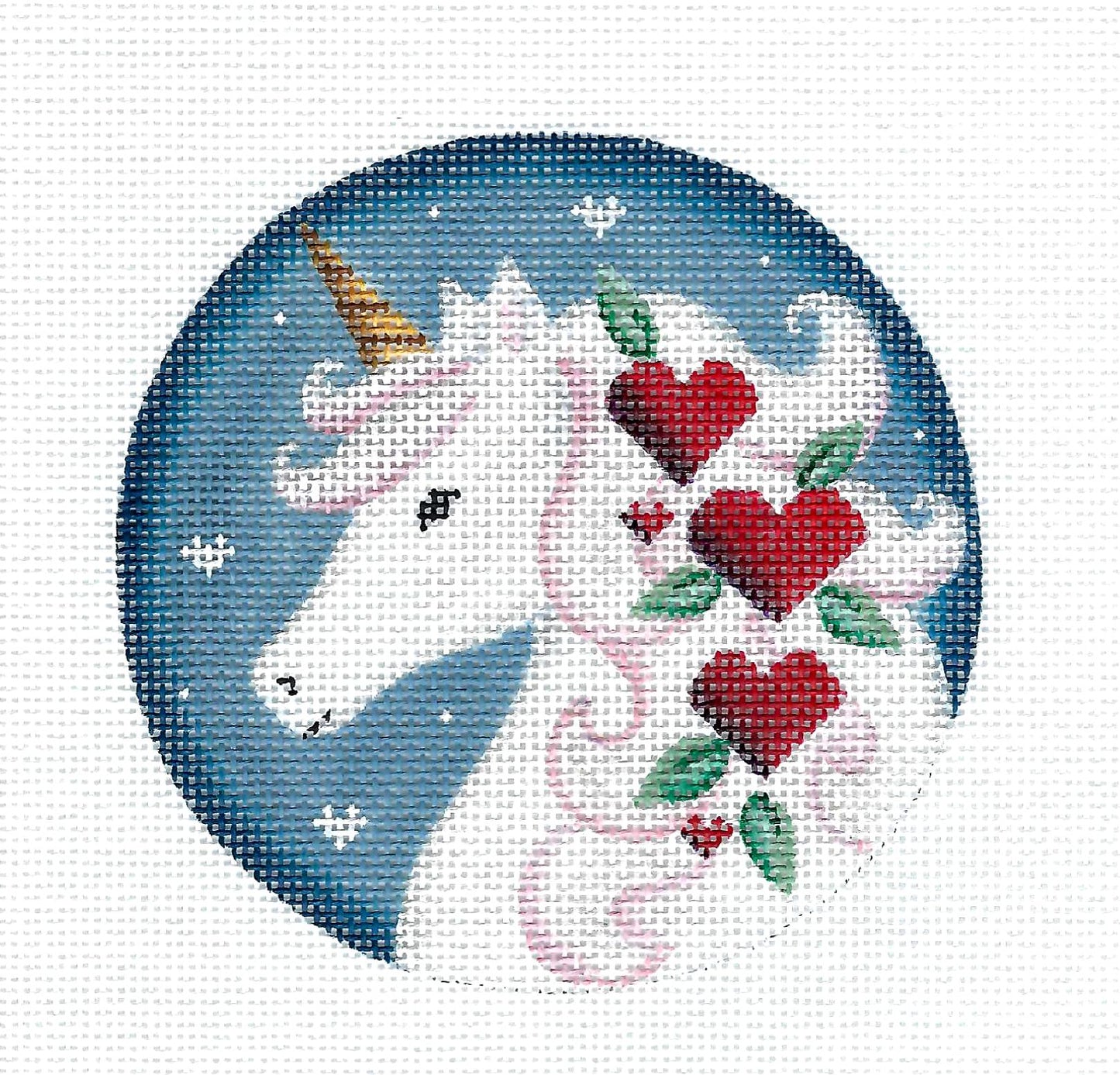 Round ~ VALENTINES UNICORN Ornament handpainted 18 Mesh Needlepoint Canvas 4" Round  by Rebecca Wood