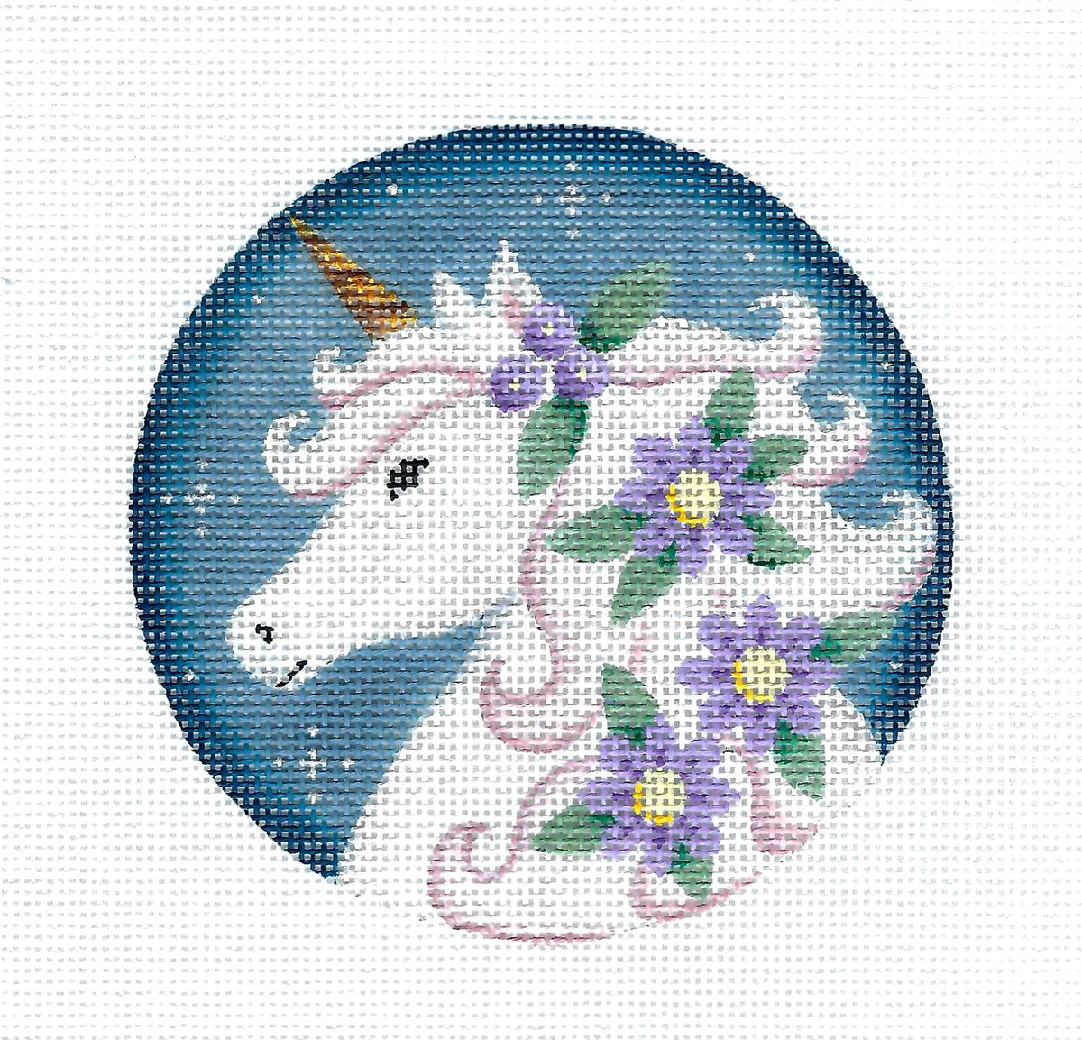 Round ~ SPRING UNICORN Ornament handpainted 18 Mesh Needlepoint Canvas 4" Round  by Rebecca Wood