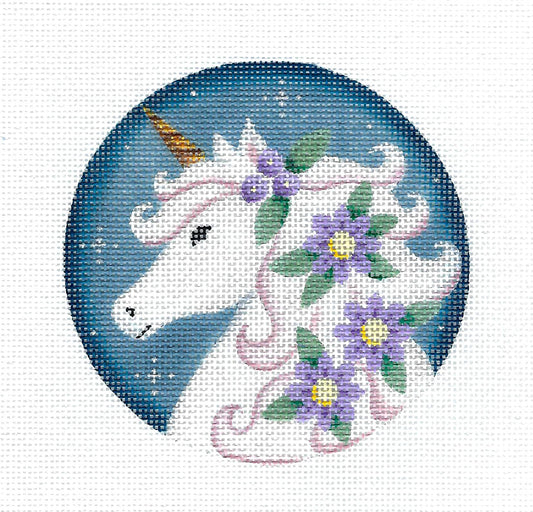 Round ~ SPRING UNICORN Ornament handpainted 18 Mesh Needlepoint Canvas 4" Round  by Rebecca Wood