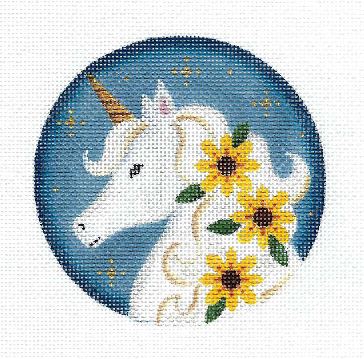 Round ~ SUMMER UNICORN Ornament handpainted 18 Mesh Needlepoint Canvas 4" Round  by Rebecca Wood