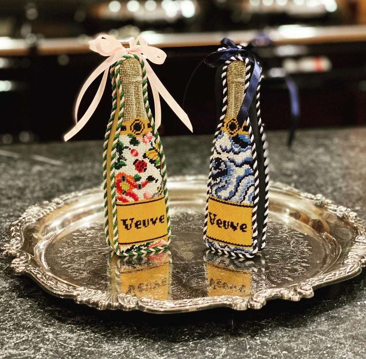 "Veuve" Single Champagne Bottle in  CHANEL No. 5  Design handpainted 18 Mesh Needlepoint Canvas by C'ate La Vie