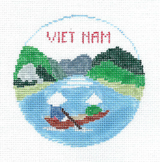 Travel Round ~ VIETNAM in Asia  4" Rd. 18 mesh handpainted Needlepoint Canvas Ornament by Kathy Schenkel