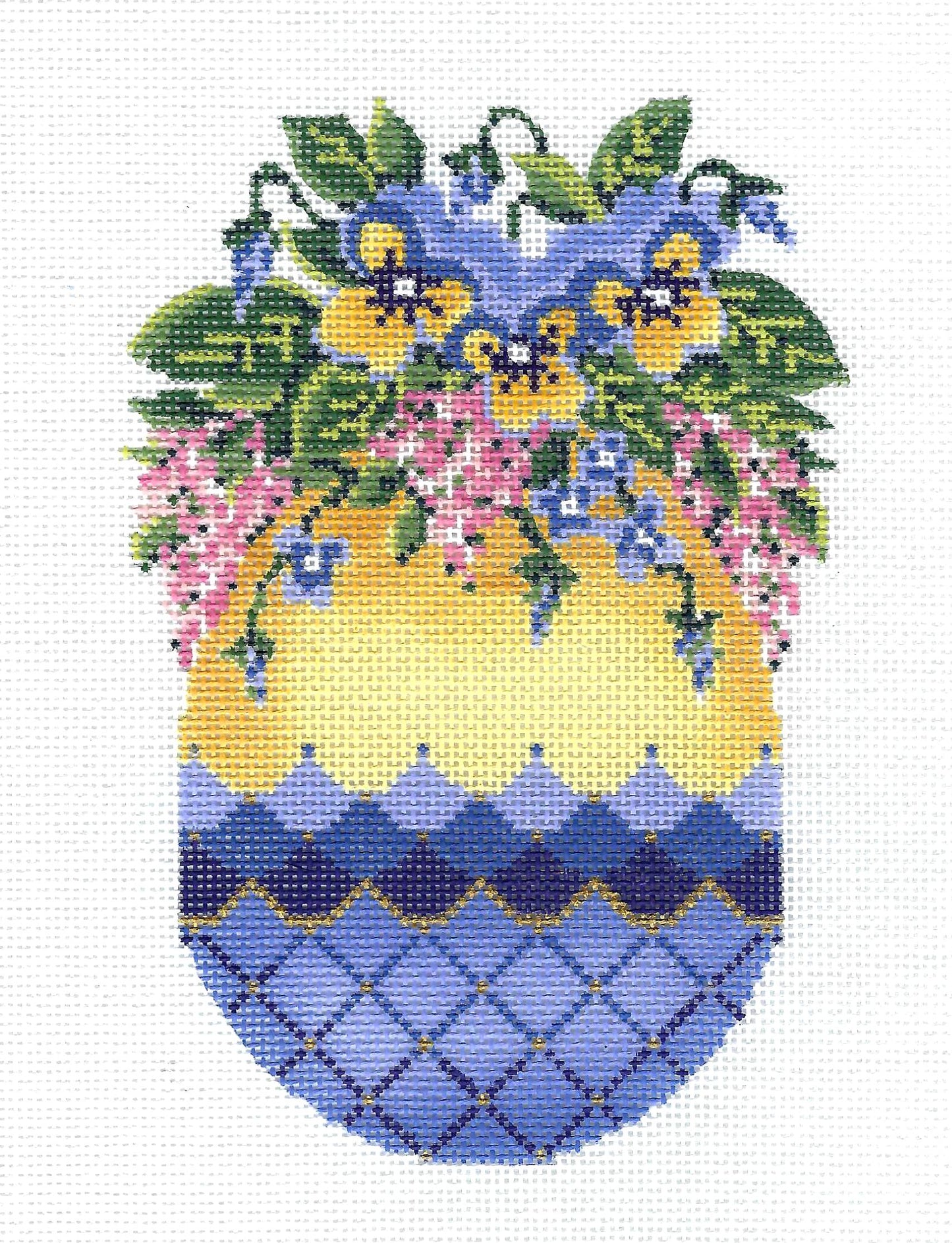 Kelly Clark ~ VIOLET EGG with Bouquet of Cascading Pansies 18 Mesh handpainted Needlepoint Ornament Canvas by Kelly Clark
