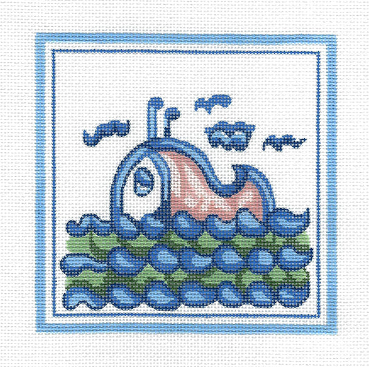Hadley Pottery ~ Whale in the Ocean handpainted Needlepoint Canvas 5"x 5" SQ. by Silver Needle