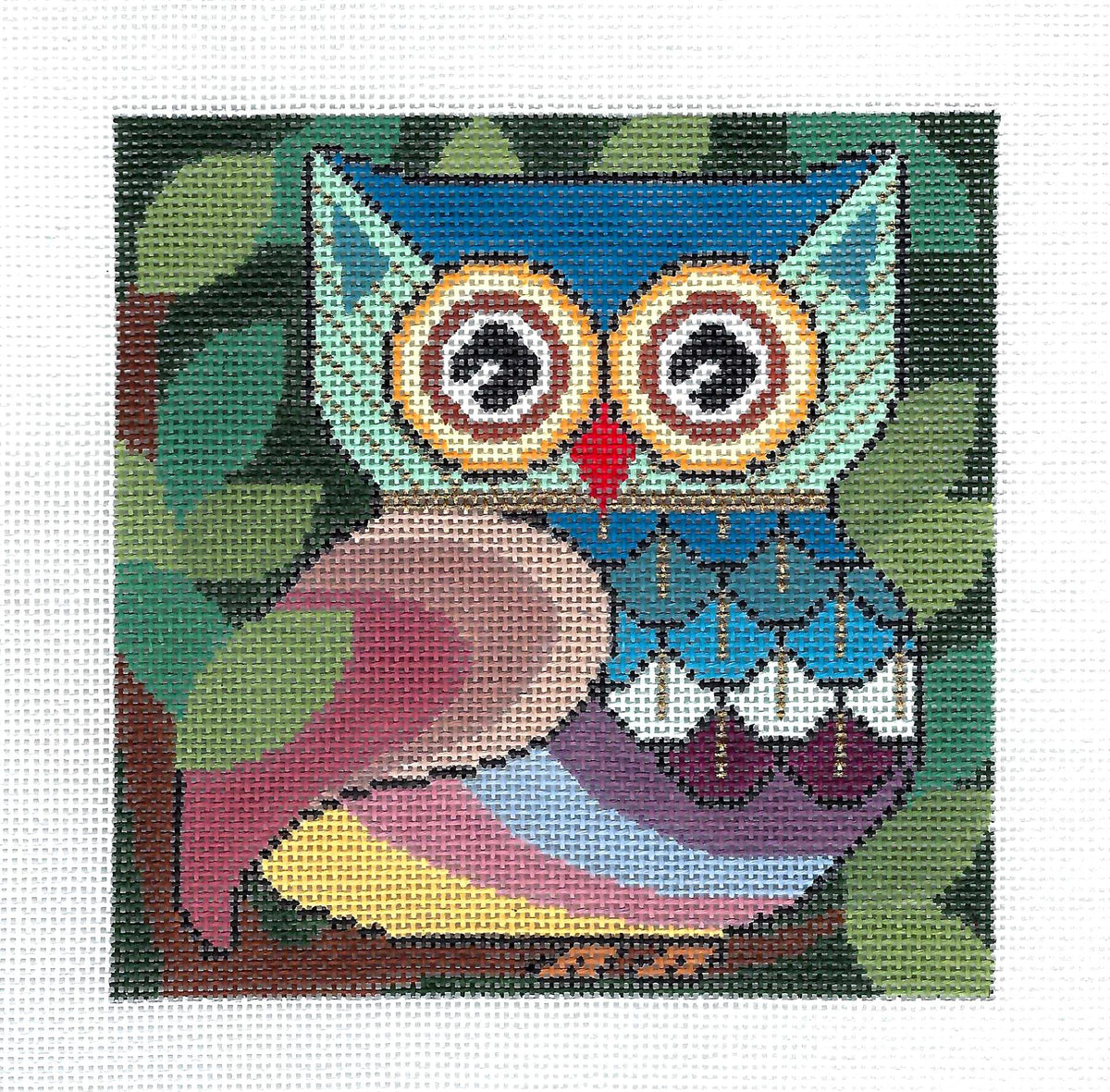 " Who Gives a Hoot " OWL handpainted  5" Square 18 mesh Needlepoint Ornament Canvas by JP Needlepoint