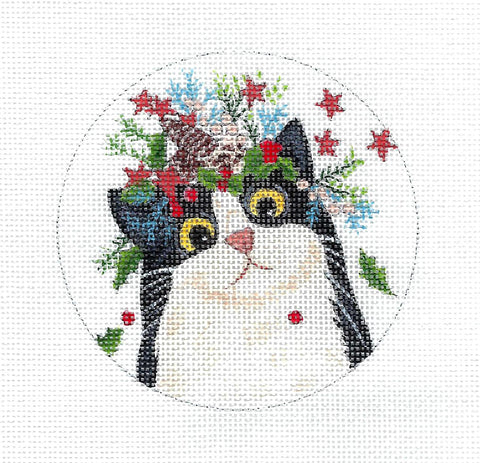 Cat ~ Winter Cat with Sparkles & Holly handpainted 18 mesh Needlepoint Canvas by Vicky Mount from PLD