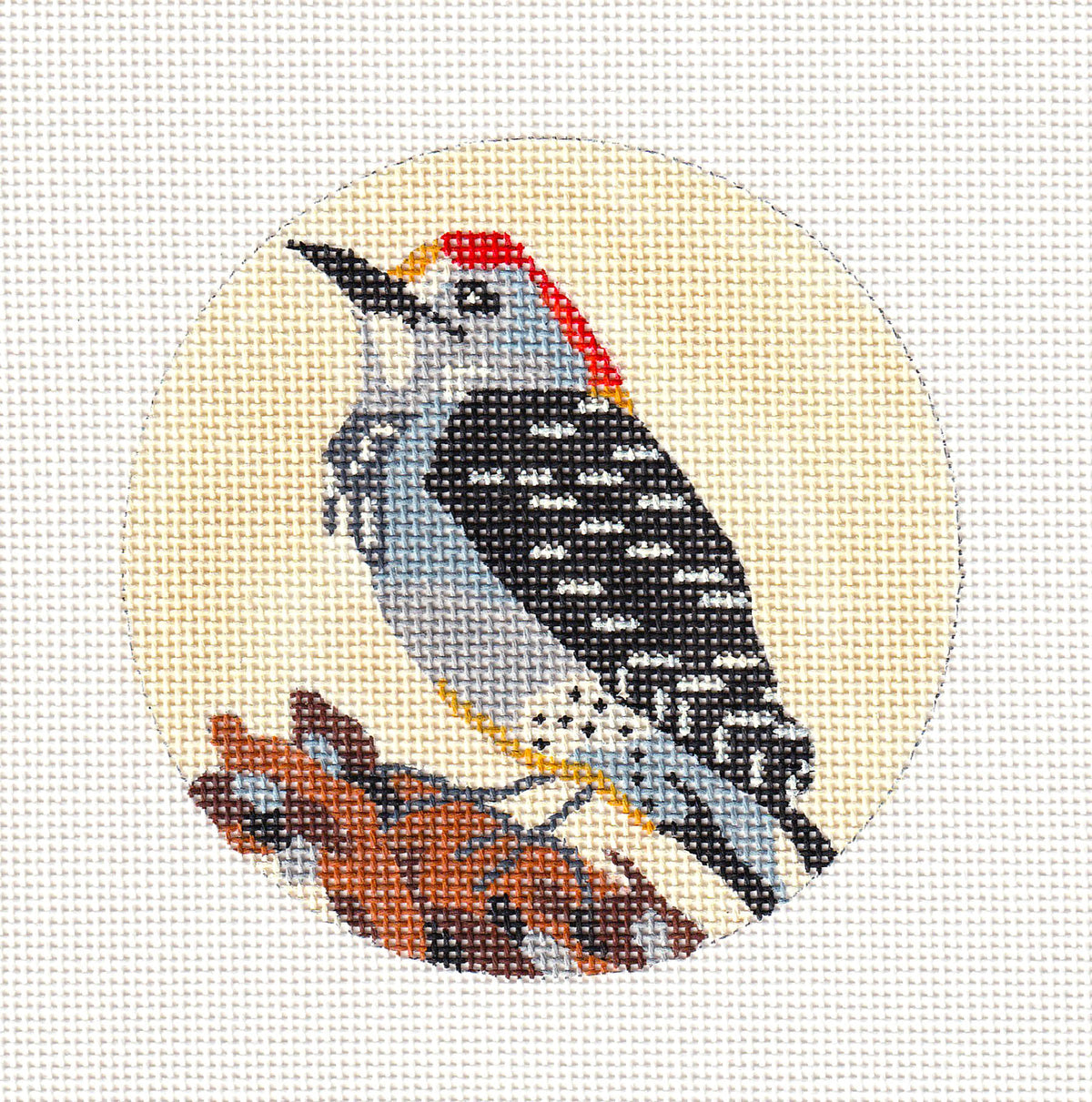 Bird Round ~ Woodpecker Bird handpainted 4" Rd. Needlepoint Ornament  by Melissa Prince