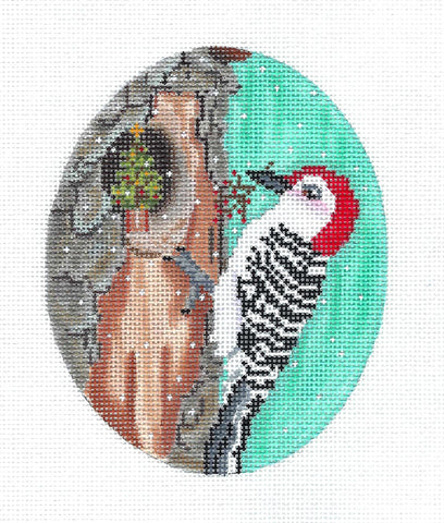 Bird Canvas ~ Woodpecker Decorating the Nest 5" Oval handpainted Needlepoint Canvas by Scott Church