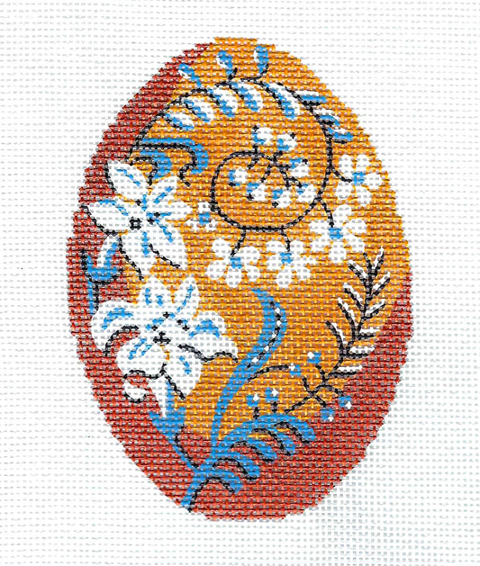 Faberge Egg ~ Golden, Blue & White Floral Jeweled Egg *EXCLUSIVE* 18 mesh handpainted Needlepoint Canvas Ornament By LEE