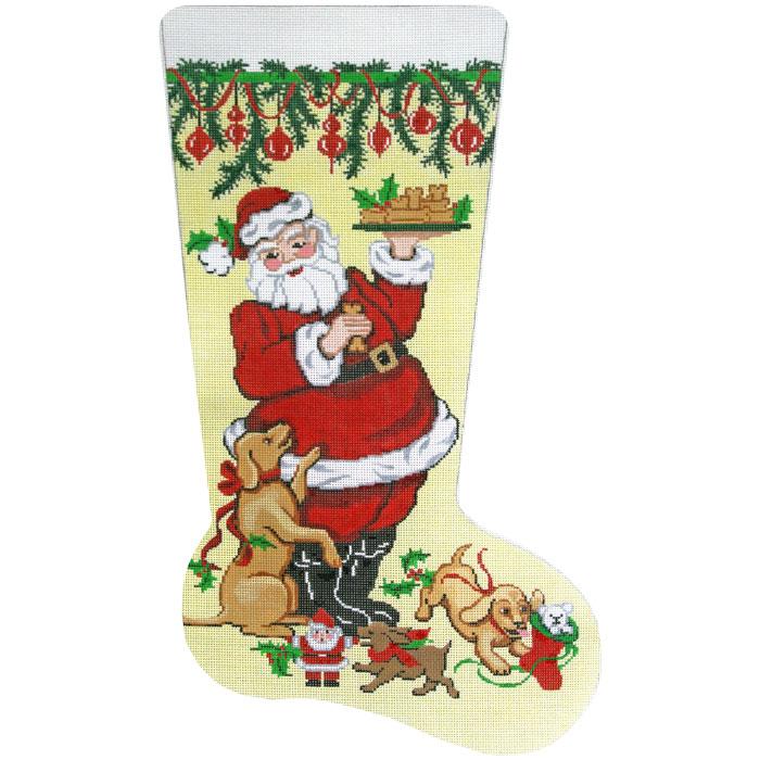 Stocking ~ Santa with Dog Treats & Puppies LG. Christmas Stocking 13 mesh handpainted Needlepoint Canvas by LEE